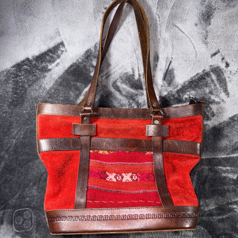 Boho Red Suede Woven Textile Leather Trim Tote Bag‎ Floral Embroidery Handbag